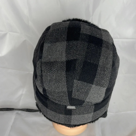 GANKA GKSII Black Grey Plaid Wool Faux Fur Heatlocker Trapper Hat Granola - Picture 4 of 9